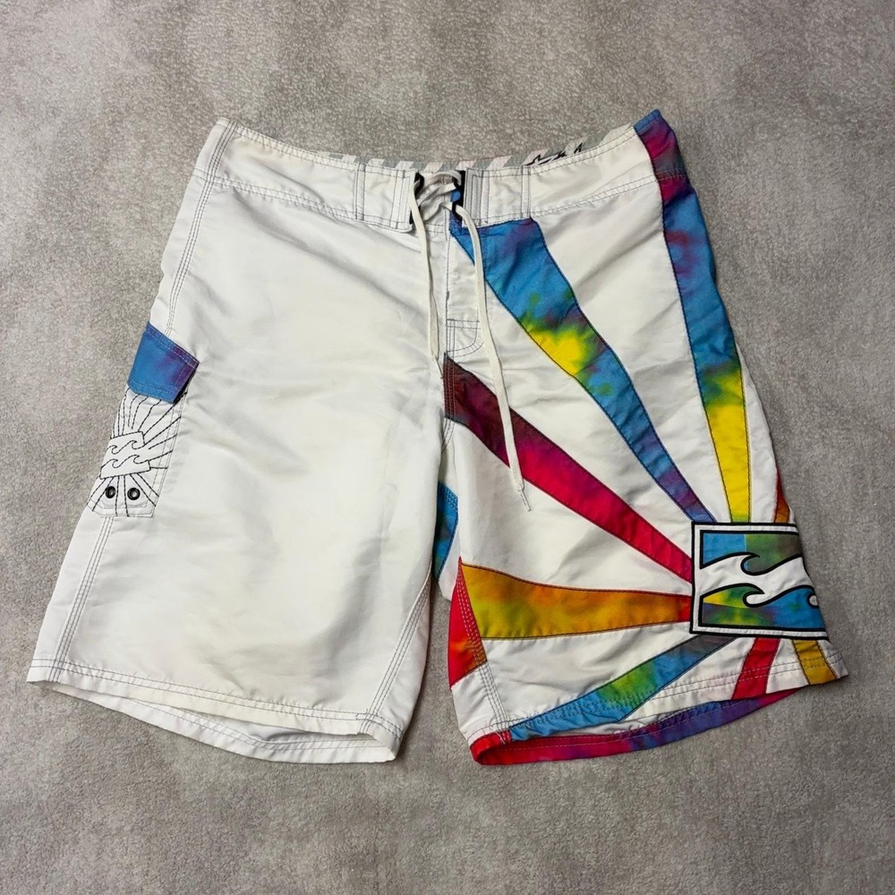 GRAIL Vintage Billabong Board Shorts White Rainbow Tie Dye Rising Sun Mens 36